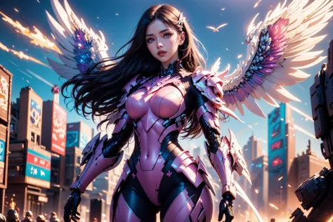 1girl,concept artwork,black hair,(Heroic and heroic girl:1.4),sky,wing,wings with fans,graphics card fan,strong woman mecha warrior,mighty and domineering,cool mecha,32k,pink and white color scheme,white armor,white_background,standing,cowboy_shot,<lora:AG...