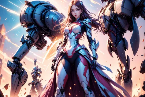 1girl,(Heroic and heroic girl:1.4),strong woman mecha warrior,mighty and domineering,cool mecha,32k,pink and white color scheme,armor,white_background,standing,<lora:AGirl_v1:1>,