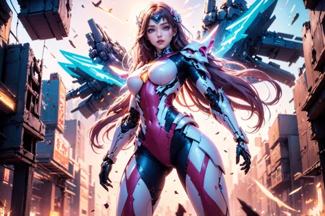 1girl,(Heroic and heroic girl:1.4),strong woman mecha warrior,mighty and domineering,cool mecha,32k,pink and white color scheme,white armor,white_background,standing,<lora:AGirl_v1:1>,