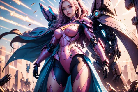 1girl,(Heroic and heroic girl:1.4),strong woman mecha warrior,mighty and domineering,cool mecha,32k,pink and white color scheme,armor,white_background,standing,<lora:AGirl_v1:1>,