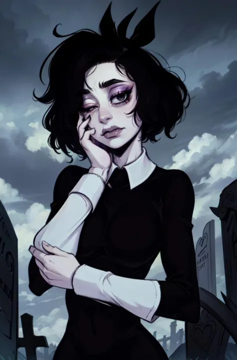 Susie,short hair,bags under eyes,pale skin,wavy mouth,black eyeliner,black eyes,(right eye half closed,left eye open),
black dress,black long sleeves,wrist cuffs,black hair ribbon,
standing,upper body,
cemetery,night,cloudy,
(insanely detailed, beautiful detailed face, masterpiece, best quality),solo,