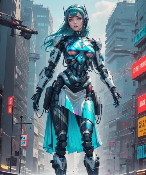 8k, Best Quality, Masterpiece, 1 girl (futuristic object:1.3), (cybernetic robot:1.3), cyberpunk, scifi, futuristic, soft lighting, intricate, dynamic pose, (skirt), slightly iridescent cybernetic parts, mechanical body parts, cybernetic body parts, (cyborg:1.2), futuristic outfit, cybernetic outfit, Electric Cyan hair, cyberpunk outfit, 