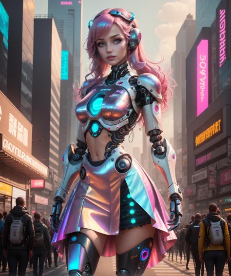 8k, Best Quality, Masterpiece, 1 girl (futuristic object:1.3), (cybernetic robot:1.3), cyberpunk, scifi, futuristic, soft lighting, intricate, dynamic pose, (skirt), slightly iridescent cybernetic parts, mechanical body parts, cybernetic body parts, (cyborg:1.2), futuristic outfit, cybernetic outfit, Hot Pink hair, cyberpunk outfit, <lora:iridescent_clothing-1.0:0.65>