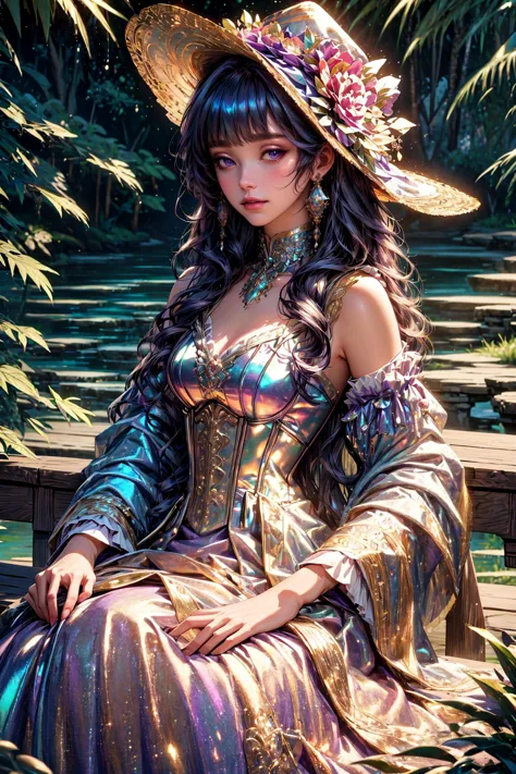 (masterpiece, best quality, detailed, ornate, high resolution, vibrant colors, iridescent, glowing, glittering), glossy, shiny, (solo:1.2), medium hair, hat flower, iridescent dress, violet theme, looking at viewer, corset, (starry night), lonely, waterfall, reflections, solitude, outdoors, nature, garden, wilderness, bushes, plants, comet, wrenchrococodome <lora:wrenchrococodome:1.0> <lora:iridescent_clothing-1.0:0.5>,