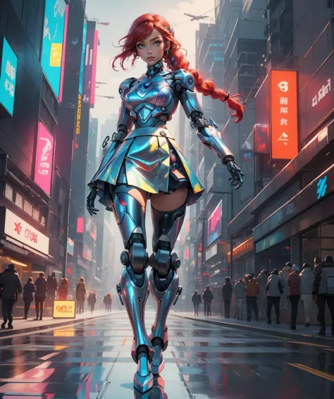 8k, Best Quality, Masterpiece, 1 girl (futuristic object:1.3), (cybernetic robot:1.3), cyberpunk, scifi, futuristic, soft lighting, intricate, dynamic pose, (skirt), slightly iridescent cybernetic parts, mechanical body parts, cybernetic body parts, (cyborg:1.2), futuristic outfit, cybernetic outfit, cyberpunk outfit, red hair braid over shoulder, <lora:iridescent_clothing-1.0:0.65>