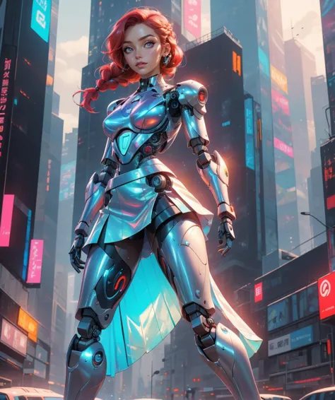 8k, Best Quality, Masterpiece, 1 girl (futuristic object:1.3), (cybernetic robot:1.3), cyberpunk, scifi, futuristic, soft lighting, intricate, dynamic pose, (skirt), slightly iridescent cybernetic parts, mechanical body parts, cybernetic body parts, (cyborg:1.2), futuristic outfit, cybernetic outfit, cyberpunk outfit, red hair braid over shoulder, <lora:iridescent_clothing-1.0:0.65>