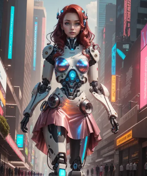 8k, Best Quality, Masterpiece, 1 girl (futuristic object:1.3), (cybernetic robot:1.3), cyberpunk, scifi, futuristic, soft lighting, intricate, dynamic pose, (skirt), slightly iridescent cybernetic parts, mechanical body parts, cybernetic body parts, (cyborg:1.2), futuristic outfit, cybernetic outfit, Mahogany Maroon hair, cyberpunk outfit, <lora:iridescent_clothing-1.0:0.65>