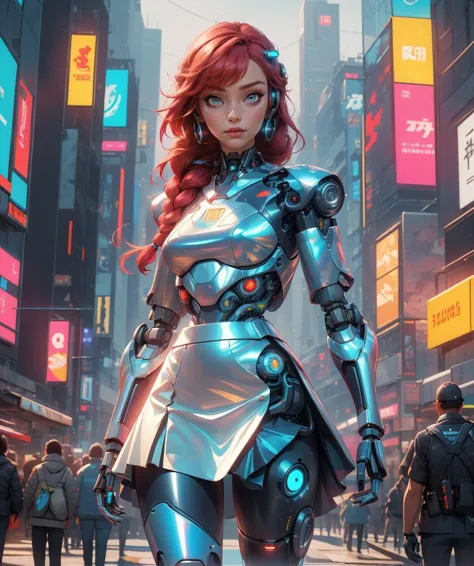 a woman in a futuristic suit standing in a city