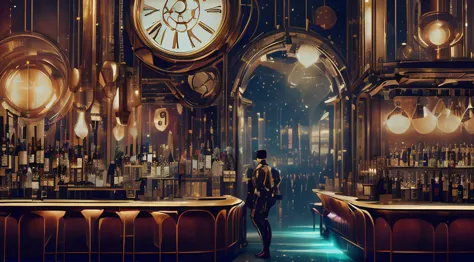 scifi <lora:FragRealityTech:0.9> A sparkling French 75 in the foreground, a bar in the background serving patrons of the end tim...