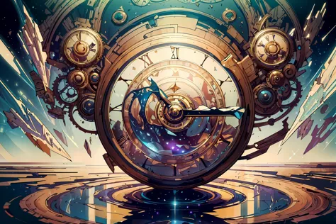 (masterpiece, best quality, realistic, detailed, crisp:1.2), intricate details, fragrealitytech, (surrealism), (giant clock), whirlwind, black hole, style-swirlmagic, shattered warped reality, sparkles, universe background,