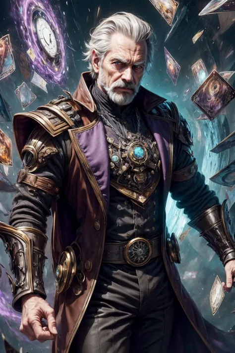 (1man,  old welsh male:1.2),   brown eyes, graying hair, mustache, 
(style-swirlmagic:0.8),  solo, half shot, detailed background, detailed face, (shattered warped reality, scifi, fragrealitytech theme:1.1), evil smirk,  (card-wizard:1.05), swindler, dark red magician outfit, dynamic pose, (cards floating in the air:1.15),  swirling purple magic in background,  ethereal atmosphere,