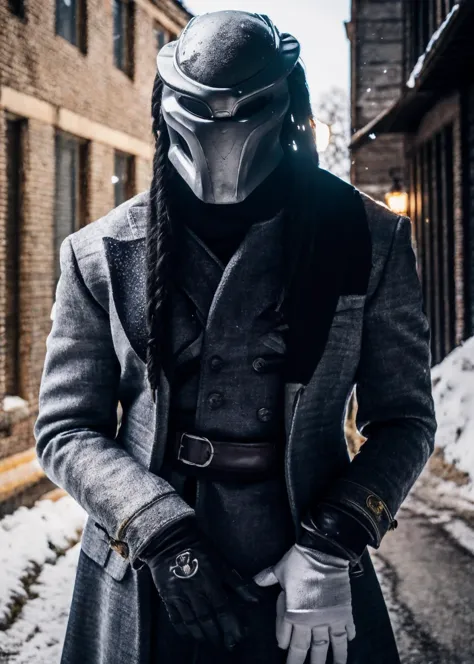 a close up of a person wearing a mask and a coat