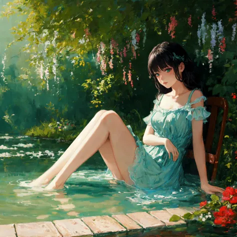 beautiful, 1girl, Impressionism, aqua colored dress, wading, detailed hands and fingers <lora:tezy8 - Tezy8 Style-000006:0.6>