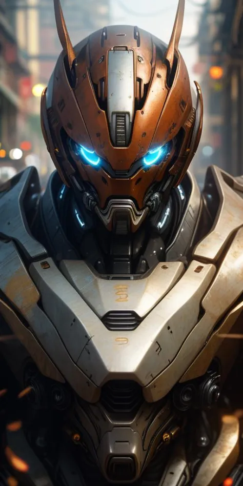  Portrait photo of an alpha male  ,perfect eyes ,  in a worn mecha suit,((light bokeh)), intricate, (steel metal [rust]), elegant, sharp focus, photo by greg rutkowski, soft lighting, vibrant colors, masterpiece, ((streets)), detailed face