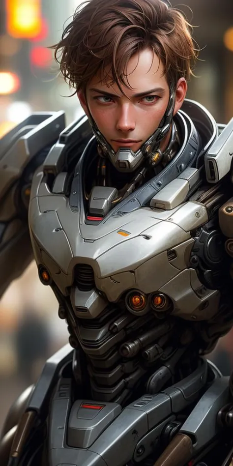  Portrait photo of an handsome male  ,perfect eyes ,  in a worn mecha exosuit,((light bokeh)), intricate, (steel metal [rust]), elegant, sharp focus, photo by greg rutkowski, soft lighting, vibrant colors, masterpiece, ((streets)), detailed face