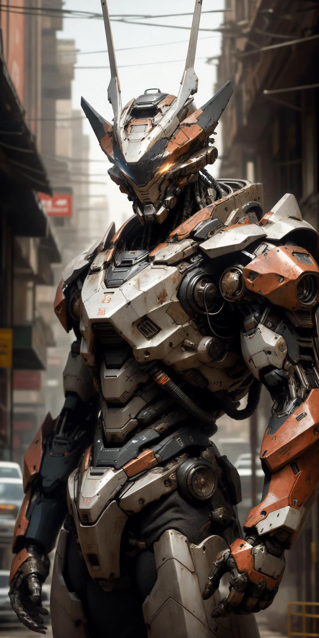 Portrait photo of an alpha male, perfect eyes, in a worn mecha suit, intricate, (steel metal [rust]), elegant, sharp focus, photo by greg rutkowski, soft lighting, vibrant colors, masterpiece, ((streets)), cowboy shot, dynamic pose, 