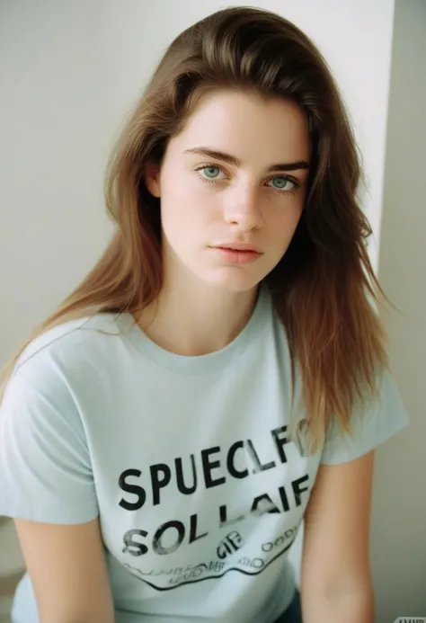 a close up of a woman with long hair wearing a shirt