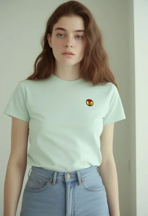 a woman wearing a green shirt and jeans standing in front of a white wall