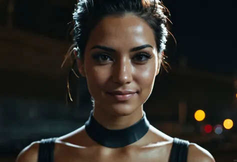 a close up of a woman in a black top and choker