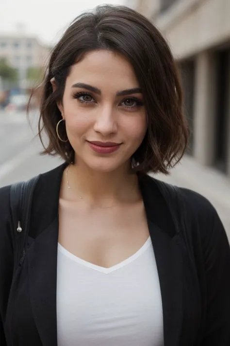 a close up of a woman with a black jacket and white shirt