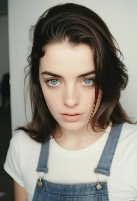 a woman with blue eyes and overalls posing for a picture