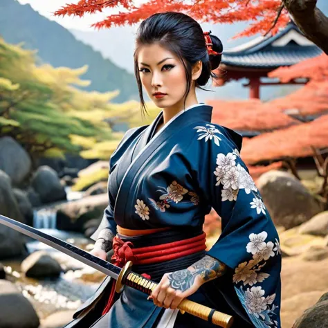 arafed woman in a blue kimono with a sword in front of a waterfall