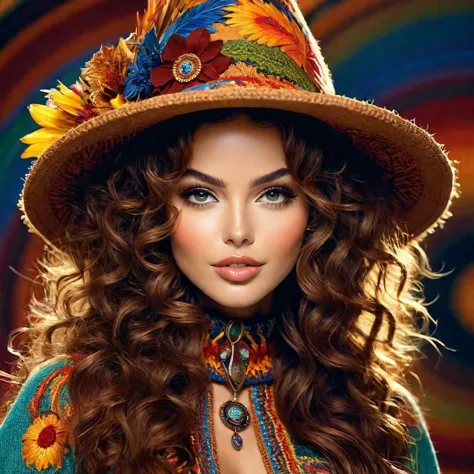 a woman with long curly hair wearing a hat and colorful dress