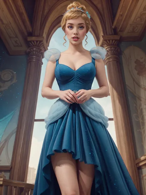 <lora:Cindirella_character:0.75> CinderellaWaifu, blue velvet evening dress, cleavage, thighs, from below, ballroom, (Conceptual...