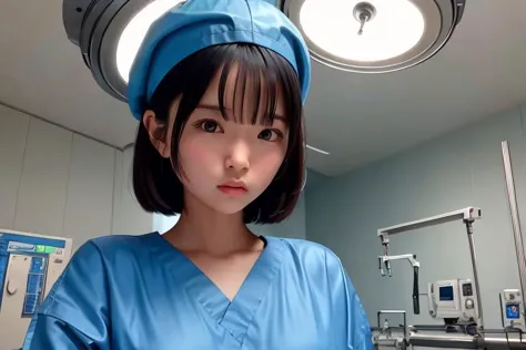 (masterpiece,8k,top quality,RAW photo,ultra detailed:1.3),photorealistic,(solo pretty girl:1.2),pretty rouge lip,pretty black eyes,black hair,short hair,pretty hair,looking at viewer,(angry:1.3),surgical light blue gown,surgical latex gloves,surgical cap,crossed both arms,detailed big eyes and face,standing,operating room,soft lightning,closeup shot