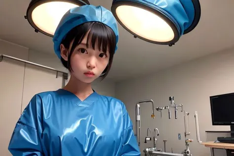 (masterpiece,8k,top quality,RAW photo,ultra detailed:1.3),photorealistic,(solo pretty girl:1.2),pretty rouge lip,pretty black eyes,black hair,short hair,pretty hair,looking at viewer,(angry:1.3),surgical light blue gown,surgical latex gloves,surgical cap,crossed both arms,detailed big eyes and face,standing,operating room,soft lightning,closeup shot