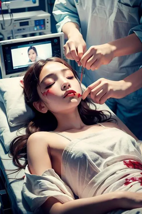 arafed woman laying in a hospital bed with blood on her face