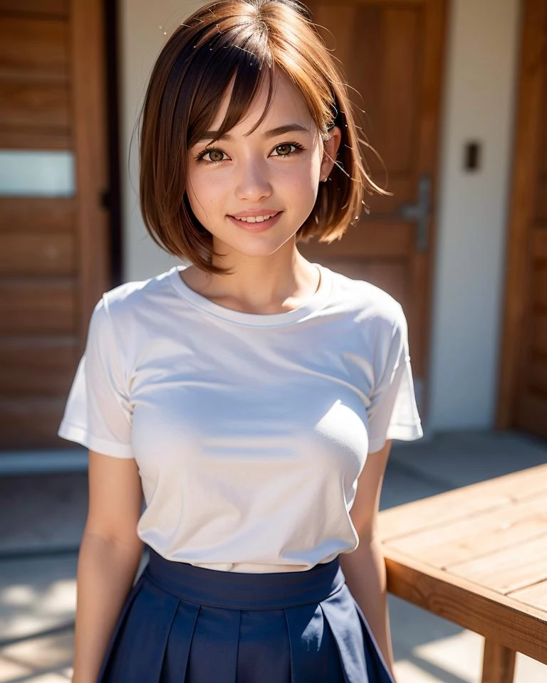 best quality, face focus, soft light, (depth of field) ,ultra high res, (photorealistic:1.4), RAW photo, standing, portrait, 
1girl, solo, cute, shy, (smile:1.2), (eyes,catch light),  detailed beautiful skin, (short_hair ), (shirt , skirt), japanese,
