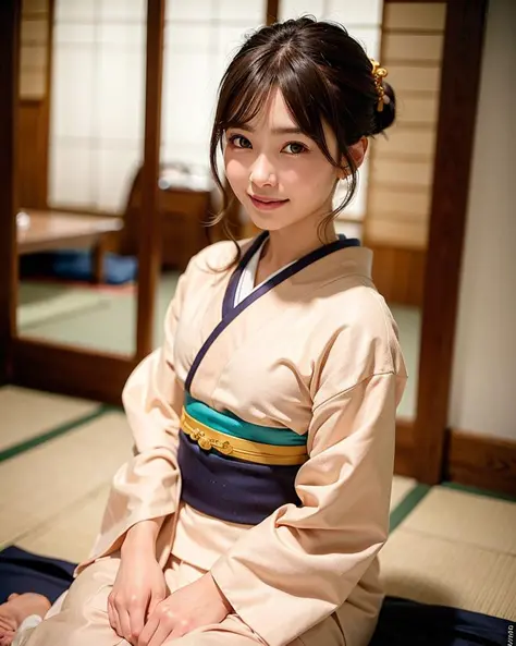 best quality, face focus, soft light, (depth of field) ,ultra high res, (photorealistic:1.4), RAW photo, portrait:1.4 ,(sit on tatami) ,Japanese-style room
1girl, solo, cute, shy, (smile:1.2), (brown eyes,catch light),  detailed beautiful skin, (dark_hair,...