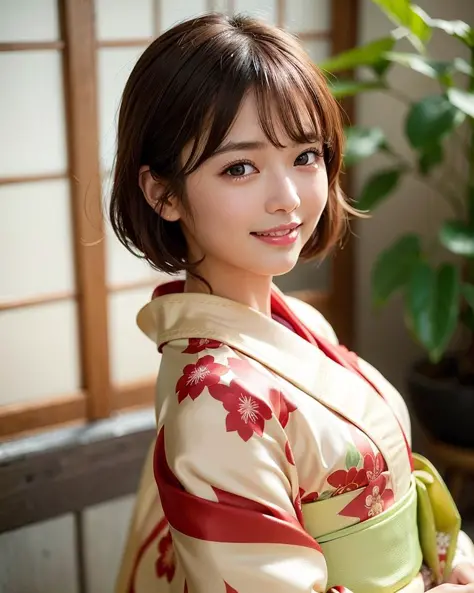 best quality, face focus, soft light, (depth of field) ,ultra high res, (photorealistic:1.4), RAW photo, (portrait:1.4) ,(from front)
1japanese girl, solo, cute, (shy, smile:1.1), (brown eyes),  detailed beautiful face, (short_hair ), japanese-style room
(...