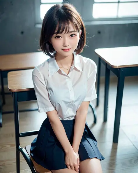best quality, face focus, soft light, (depth of field) ,ultra high res, (photorealistic:1.4), RAW photo,(upper waist:1.4) ,
1japanese girl, solo, cute, (shy, smile:1.1), (brown eyes),  detailed beautiful face, (short hair ), 
High School Classroom, (sit ch...