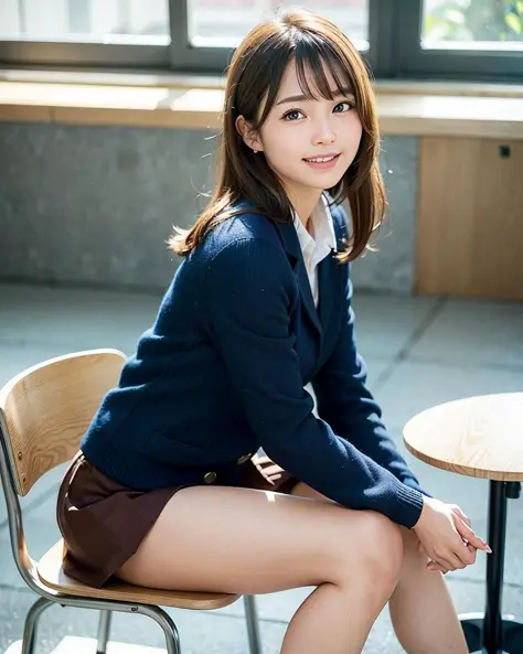 best quality, face focus, soft light, (depth of field) ,ultra high res, (photorealistic:1.4), RAW photo,
(upper knees:1.4) ,(from side)
1japanese girl, solo, cute, (shy, smile:1.1), (brown eyes),  detailed beautiful face, (short hair ), 
High School Classr...