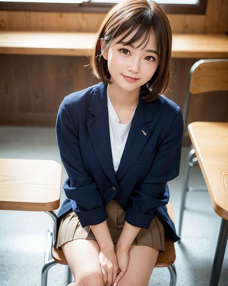 best quality, face focus, soft light, (depth of field) ,ultra high res, (photorealistic:1.4), RAW photo,
(upper waist:1.4) ,(from front)
1japanese girl, solo, cute, (shy, smile:1.1), (brown eyes),  detailed beautiful face, (short hair ), 
High School Classroom, (sit chair),
(school uniform:1.4,navy skirt,navy Blazer) 