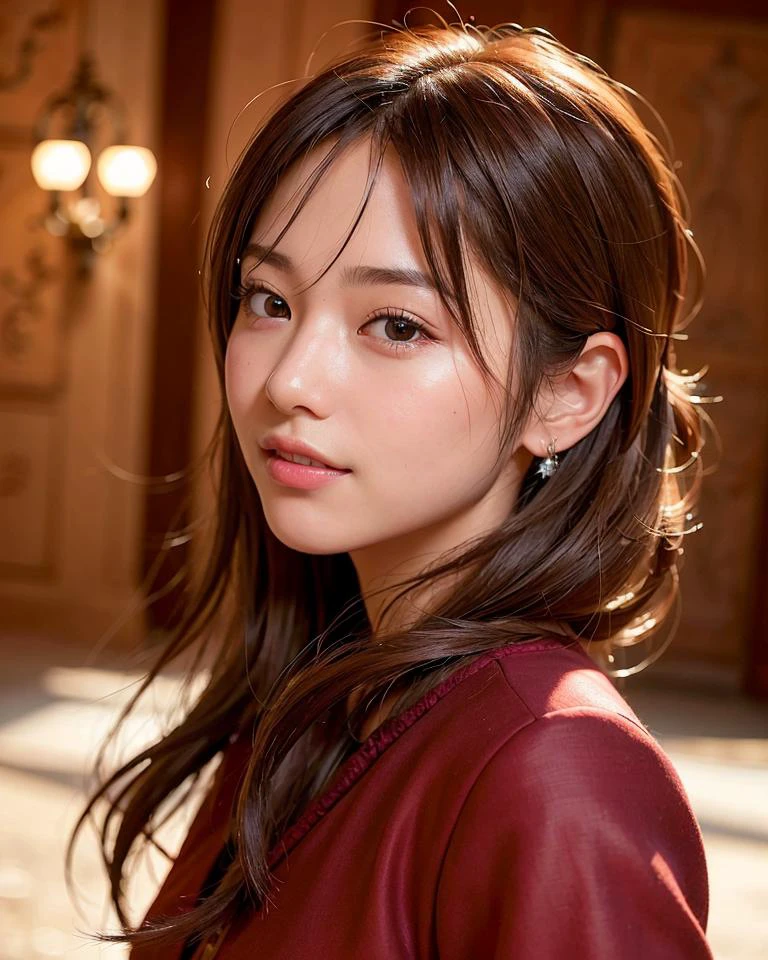 best quality, face focus, soft light, (depth of field) ,ultra high res, (photorealistic:1.4), RAW photo, (portrait:1.4) ,(from side:1.2)
1japanese girl, solo, cute, (shy, smile:1.1), (brown eyes),  detailed beautiful face, (midi_hair),
The Great Hall of a European Castle, walking,
(burgundy formal long dress:1.4) 