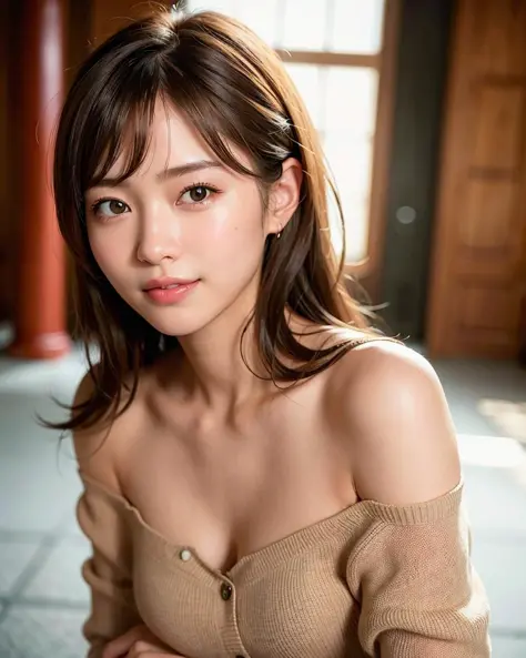 best quality, face focus, soft light, (depth of field) ,ultra high res, (photorealistic:1.4), RAW photo, (portrait:1.4) ,(from front)
1japanese girl, solo, cute, (shy, smile:1.1), (brown eyes),  detailed beautiful face, (midi_hair),
The Great Hall of a Eur...