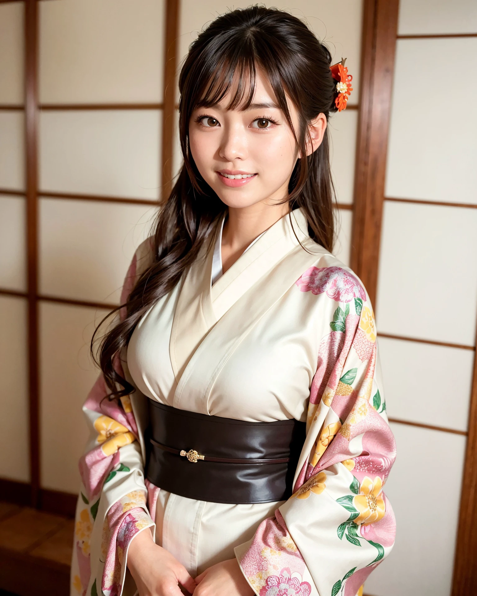 mejor calidad, Enfoque facial, (profundidad de campo) ,resolución ultra alta, (Fotorrealista:1.4), foto en bruto, Habitación de estilo japonés, alcoba, Pergamino colgante
(retrato:1.4)
1 chica japonesa, solo, lindo, sonrisa, (Ojos cafés), rostro natural, (pelo medio), 
(kimono:1.5)
