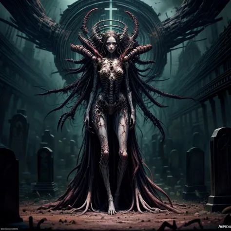 a woman with horns and a demon face standing in a dark room