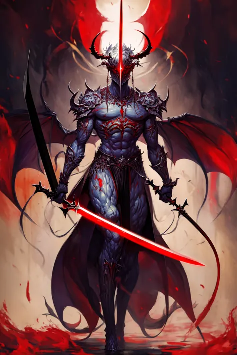a painting of a demon holding a sword, huge horns, halo, stronger body, heavy metal, comic art, long black horns, apokalyptic, d...