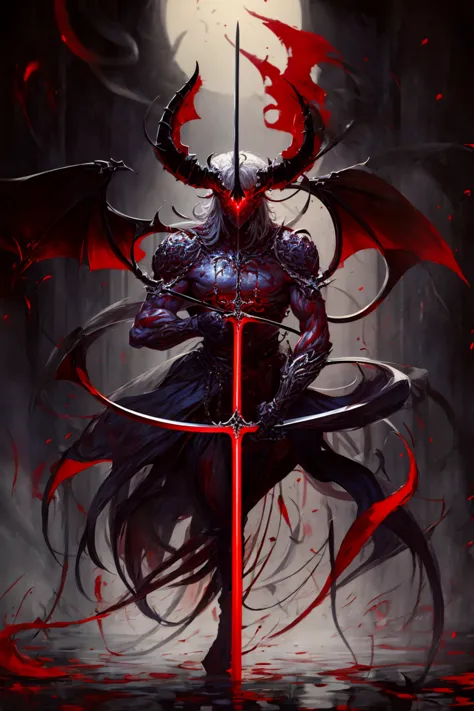 a painting of a demon holding a sword, huge horns, halo, stronger body, heavy metal, comic art, long black horns, apokalyptic, d...