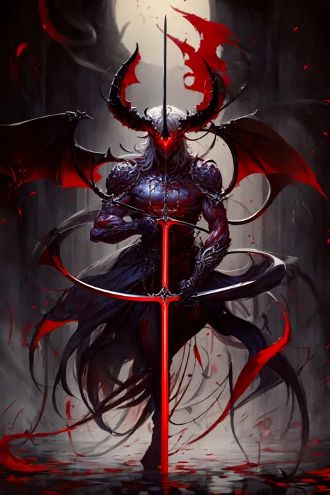 a painting of a demon holding a sword, huge horns, halo, stronger body, heavy metal, comic art, long black horns, apokalyptic, demons, two horns, imp  <lora:EvilM-01:1> <lora:add_detail:0.5>