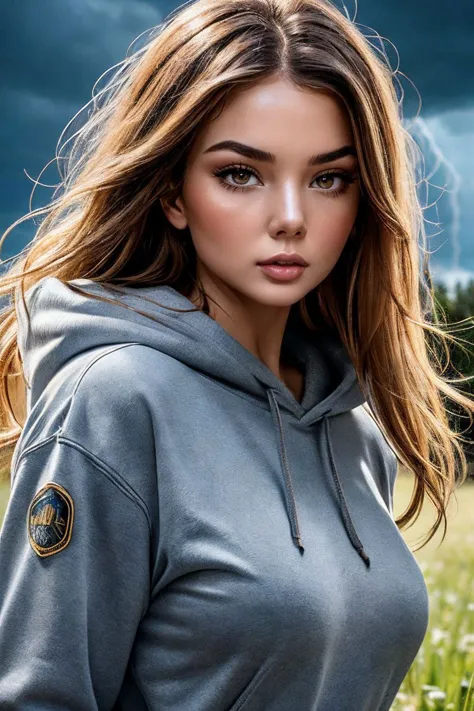 headshot of S345_VeraGudkova,a gorgeous woman,on a (field:1.1),wearing a (hoodie:1.1),(thunderstorm),(4k, RAW photo, best qualit...