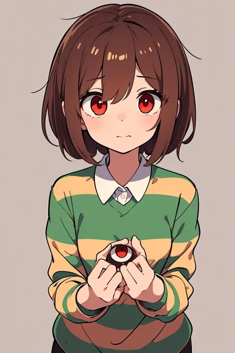 (masterpiece, best quality), 1girl,  <lora:Chara_Undertale:1> chara undertale, red eyes, brown hair, short hair, striped shirt