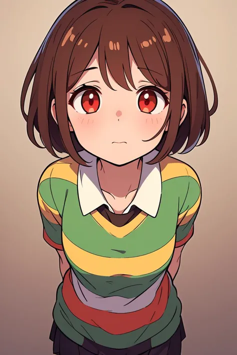 (masterpiece, best quality), 1girl,  <lora:Chara_Undertale:1> chara undertale, red eyes, brown hair, short hair, striped shirt