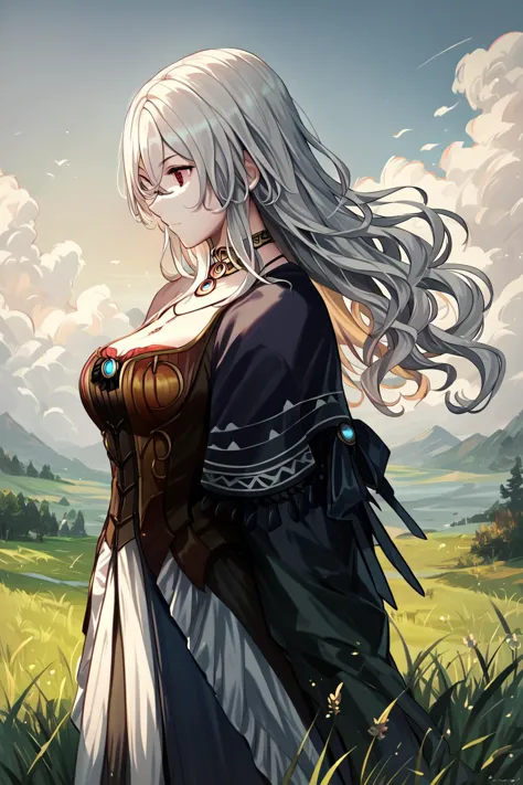 a woman with long white hair standing in a field