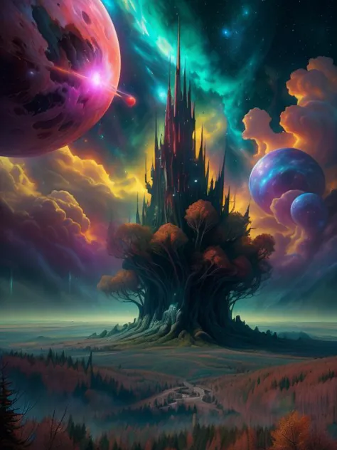 a painting of a castle in the middle of a field with planets