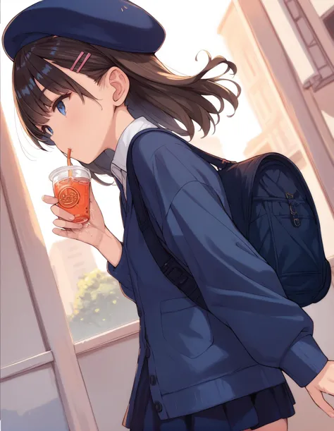 anime girl with a backpack and a drink in her hand